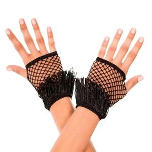 Black Fingerless Fishnet Gloves with Fringe One Sz